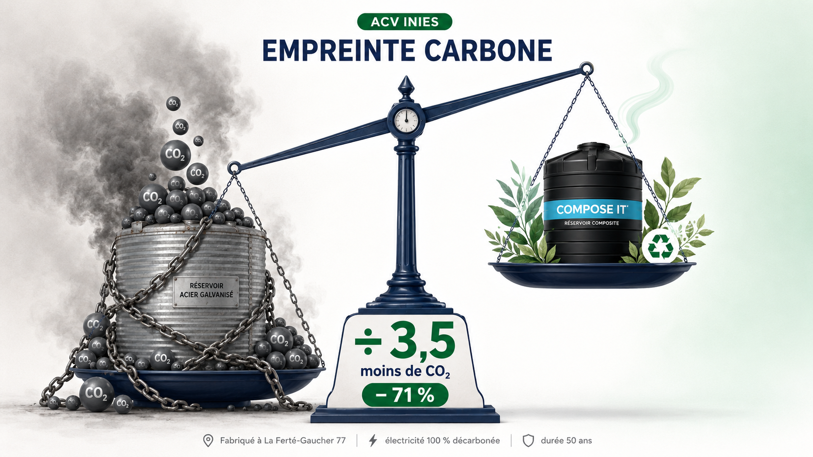 Infographie ACV en forme de balance : à gauche le réservoir acier galvanisé alourdi par des molécules de CO2, à droite le réservoir Compose It léger entouré de feuilles vertes ; centre ÷ 3,5 moins de CO2, soit −71 %