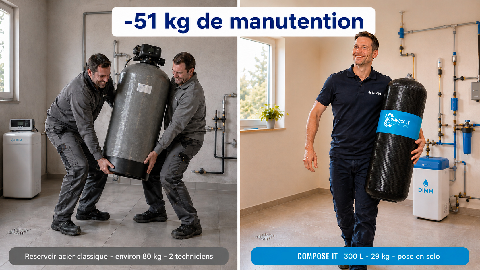 Comparaison côte à côte : à gauche deux techniciens peinent à porter un réservoir acier galvanisé (≈ 80 kg), à droite un technicien DIMM porte seul un réservoir composite Compose It 300 L (29 kg)