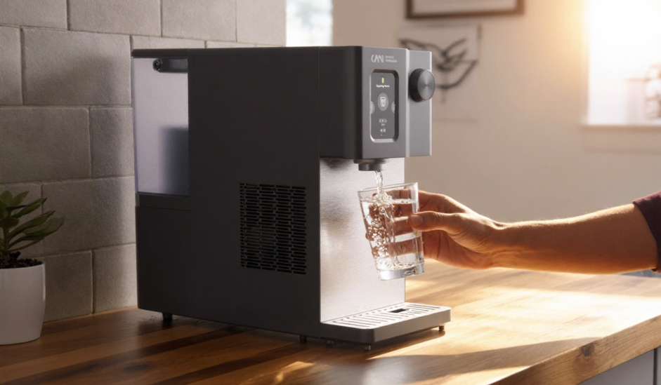 Main qui tient un verre rempli d'eau pétillante à la Prestige Mini