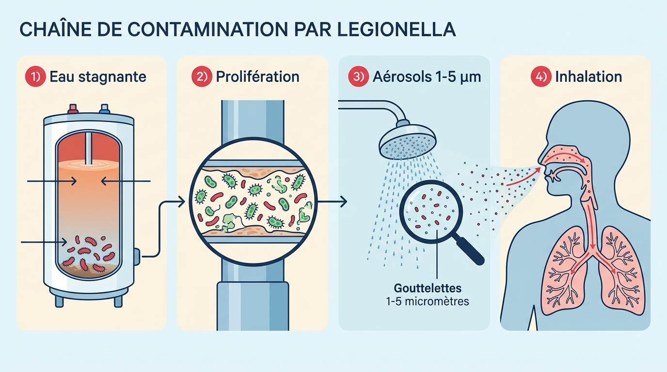Chaîne de contamination par la légionelle — eau stagnante, prolifération, aérosols, inhalation