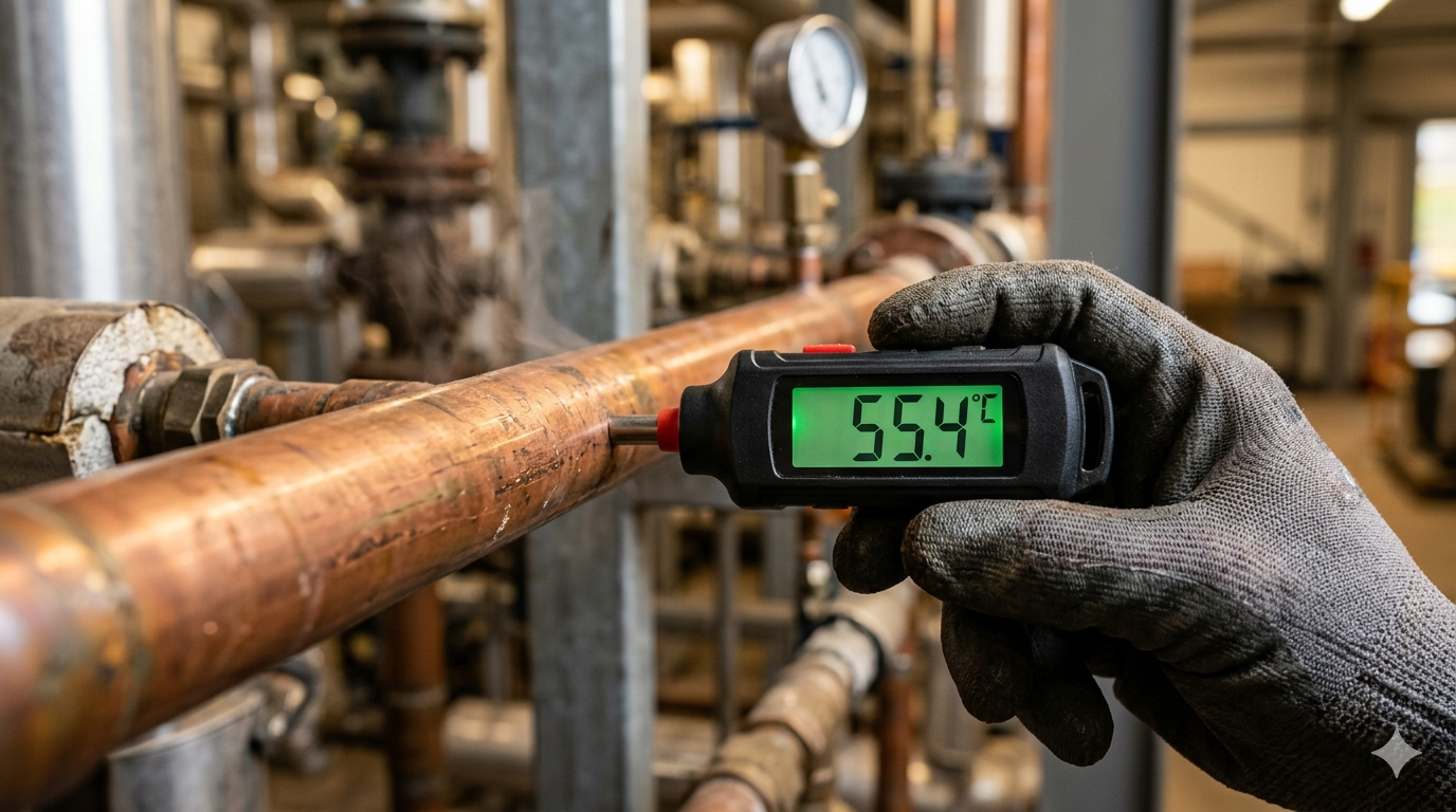 Sonde de température numérique affichant 55,4°C sur un tuyau de cuivre