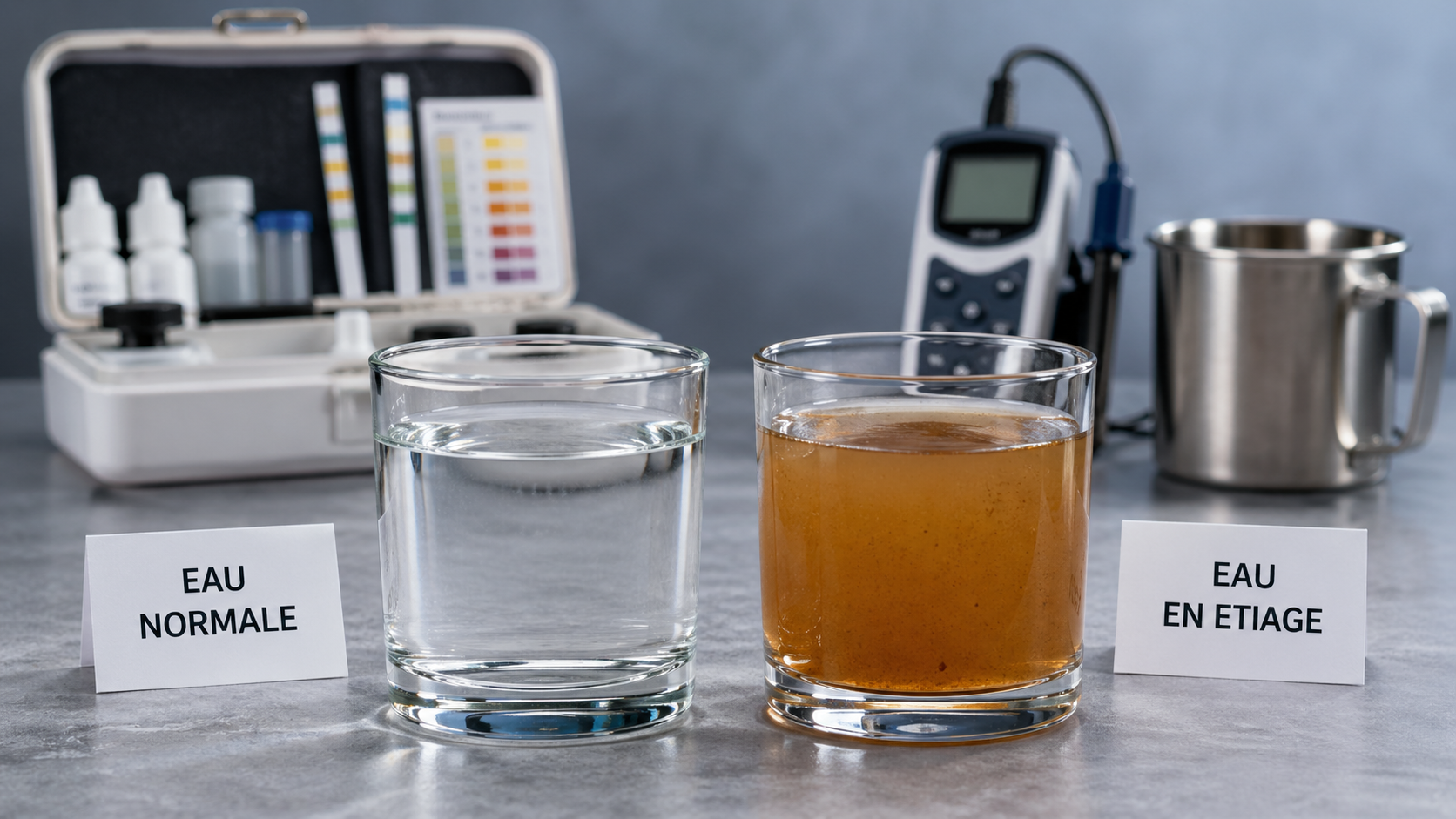 Comparaison visuelle entre eau de forage normale et eau en période d'étiage