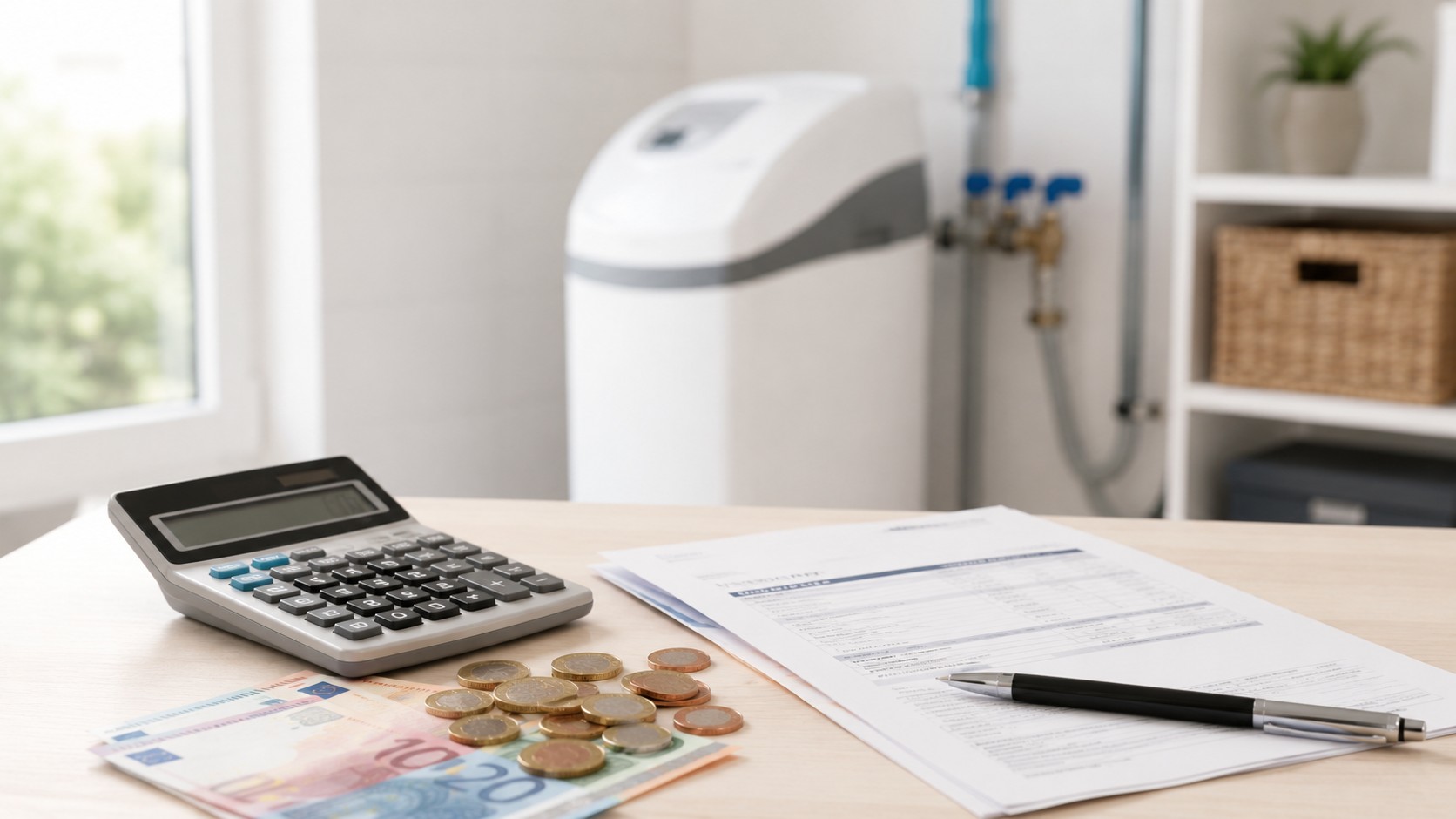 Calculatrice, euros et devis devant un adoucisseur d'eau : financement et aides