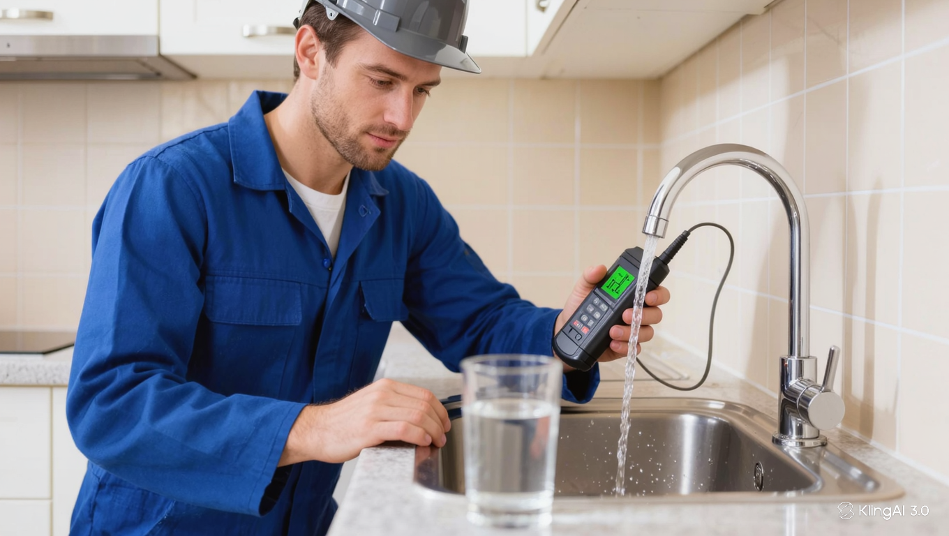 Technicien mesurant la dureté de l'eau au point d'injection avant dimensionnement de l'adoucisseur