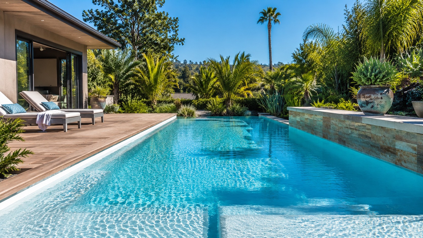 Piscine extérieure à l'eau bleue limpide par une journée ensoleillée