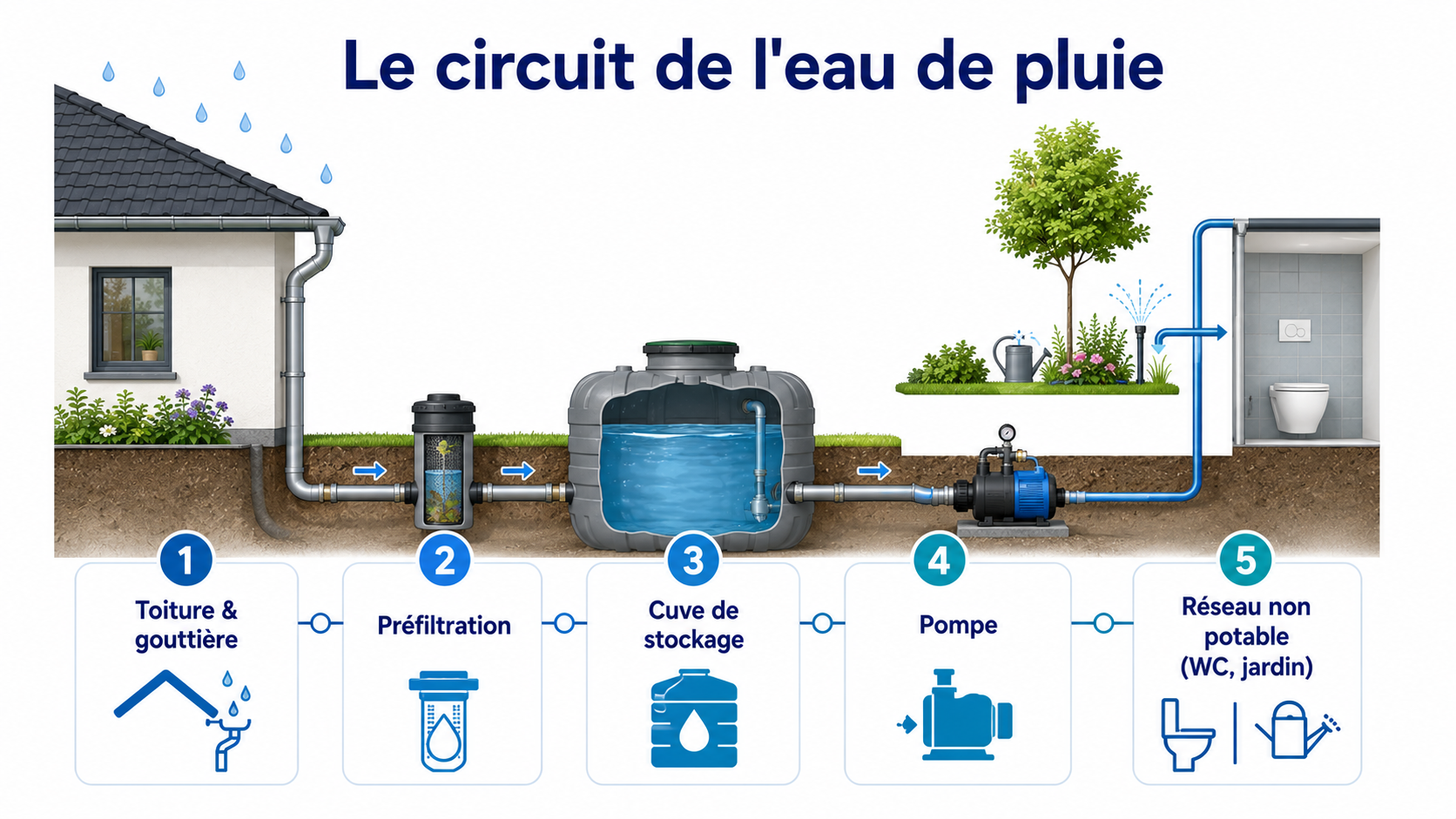 Schéma du circuit de récupération de l'eau de pluie : toiture, gouttière, préfiltre, cuve de stockage, pompe, réseau non potable vers WC et jardin