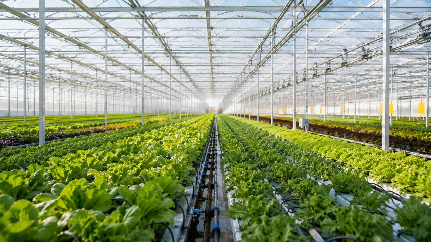 Intérieur d'une grande serre horticole avec rangées de plants verts et irrigation goutte-à-goutte
