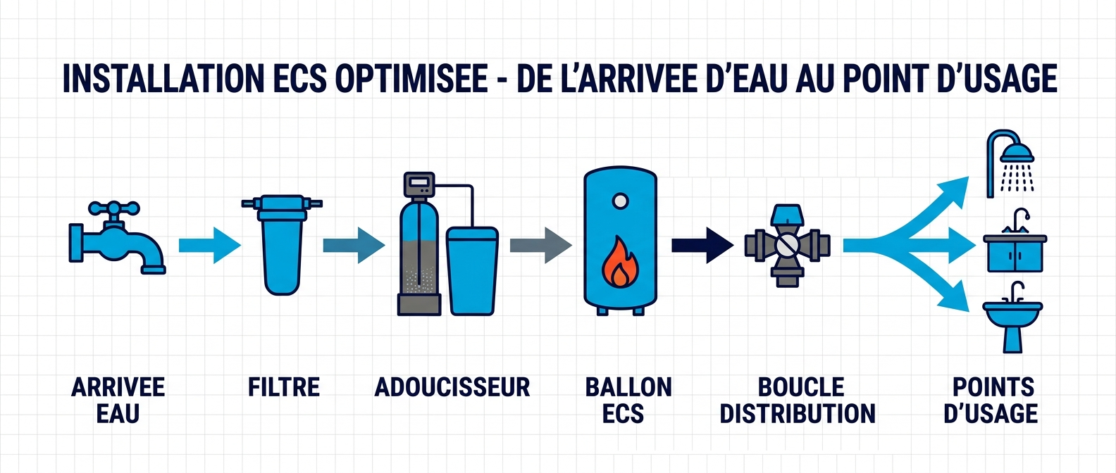 Schéma d'une installation ECS optimisée — de l'arrivée d'eau au point d'usage