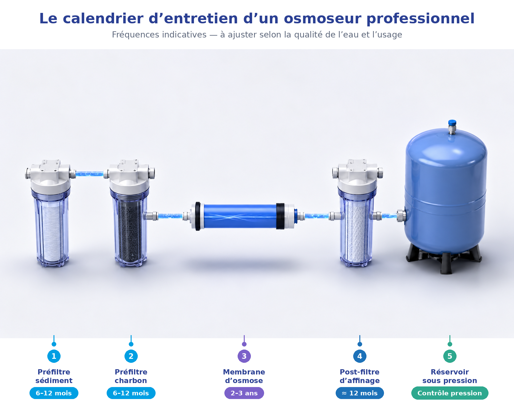 Calendrier d'entretien : préfiltres 6-12 mois, membrane 2-3 ans, post-filtre 12 mois, désinfection 1×/an, contrôles en continu