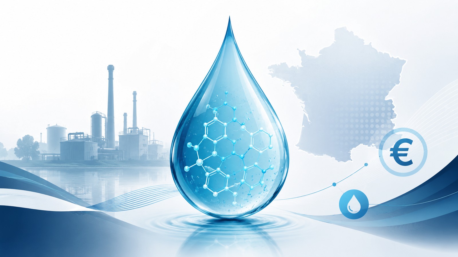 PFAS dans l'eau et redevance : goutte d'eau, site industriel, carte de France et symbole euro