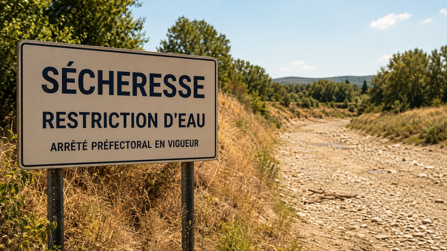 Panneau « Sécheresse — Restriction d'eau — Arrêté préfectoral en vigueur » au bord d'un lit de rivière asséché