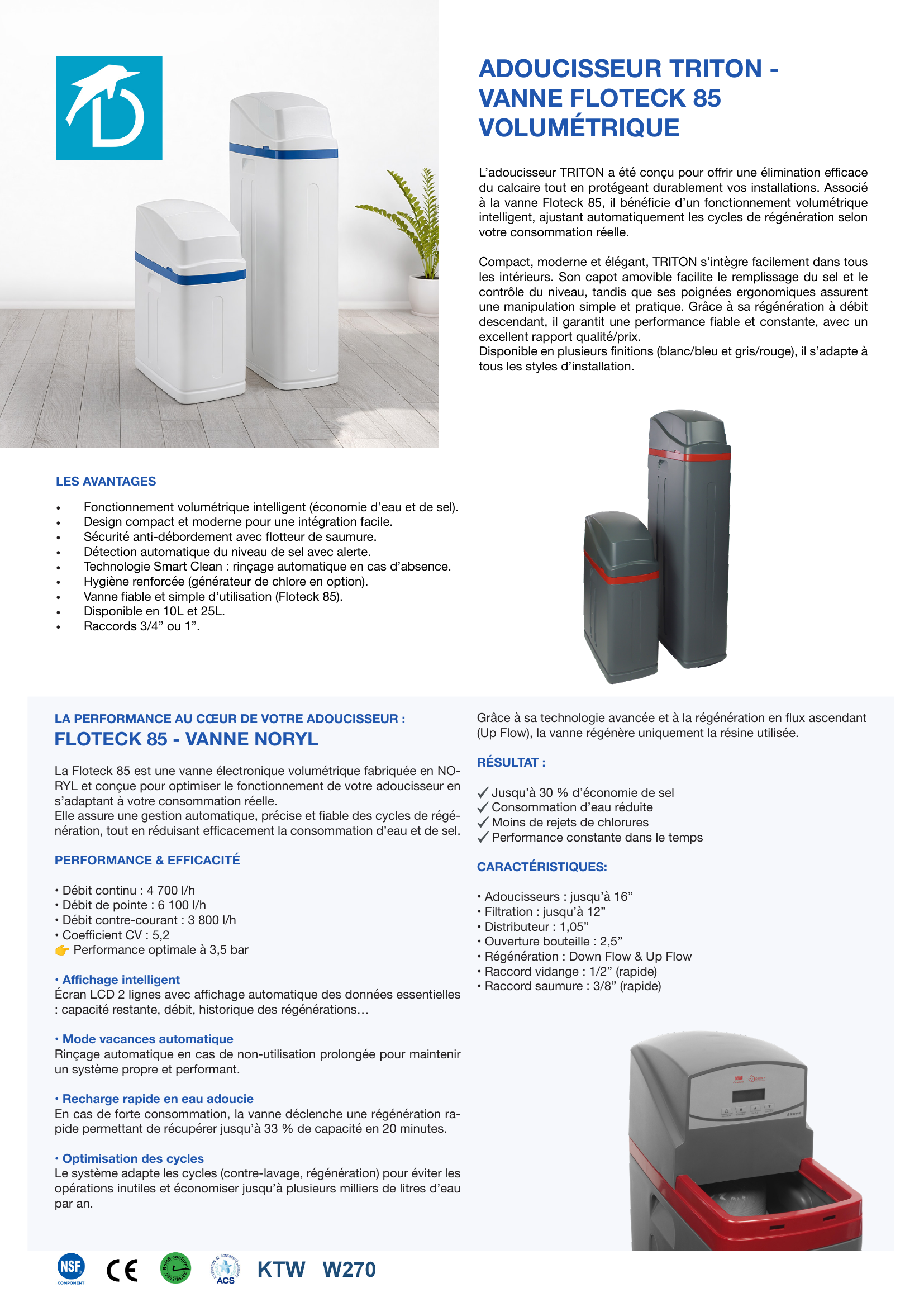 Adoucisseur Triton – design compact avec vanne Floteck 85, coloris blanc/bleu et gris/rouge