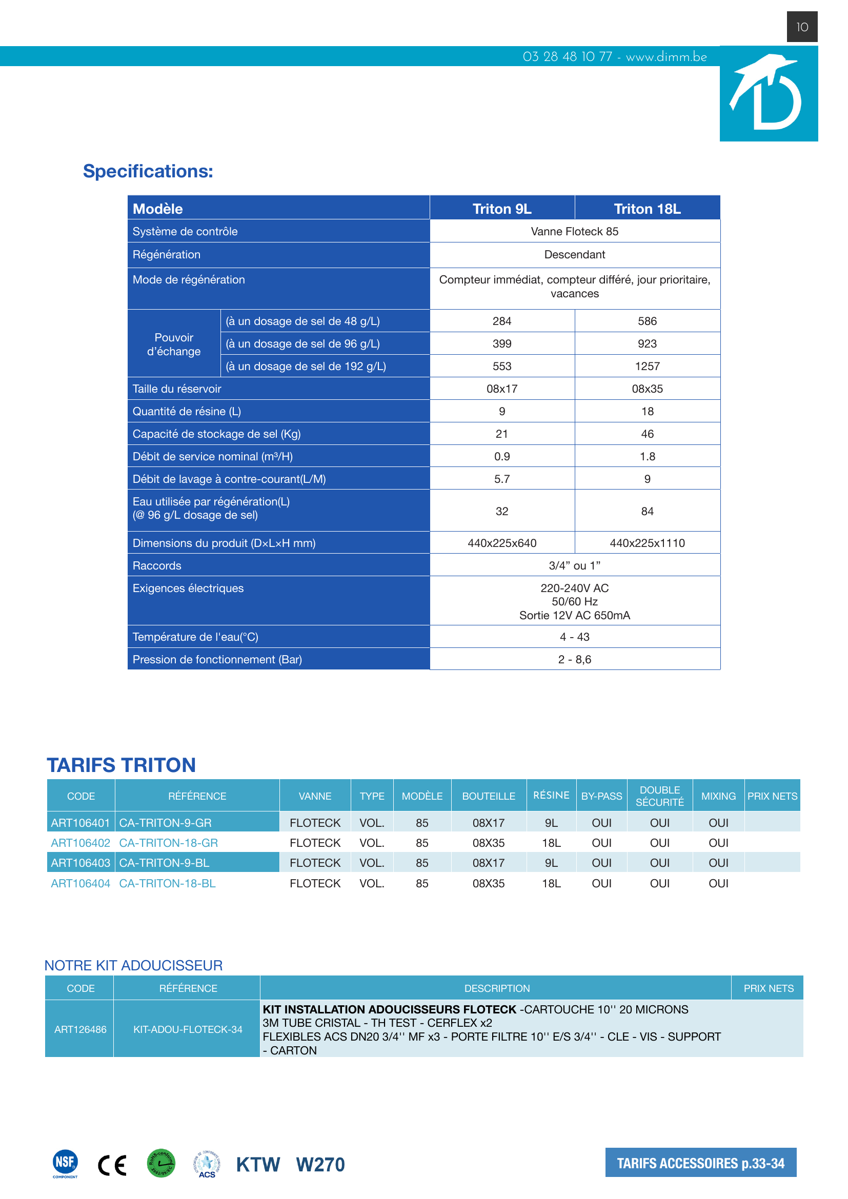 Adoucisseur Triton – spécifications techniques et références