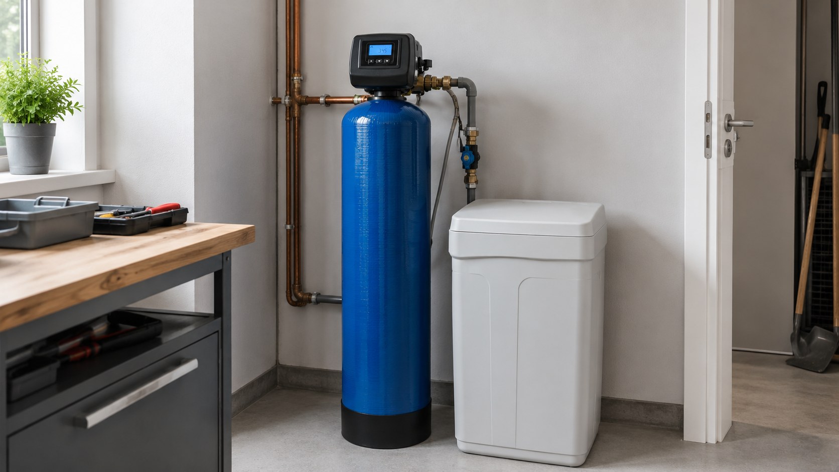 Adoucisseur d'eau complet installé : bouteille de résine, vanne de commande et bac à sel dans une buanderie
