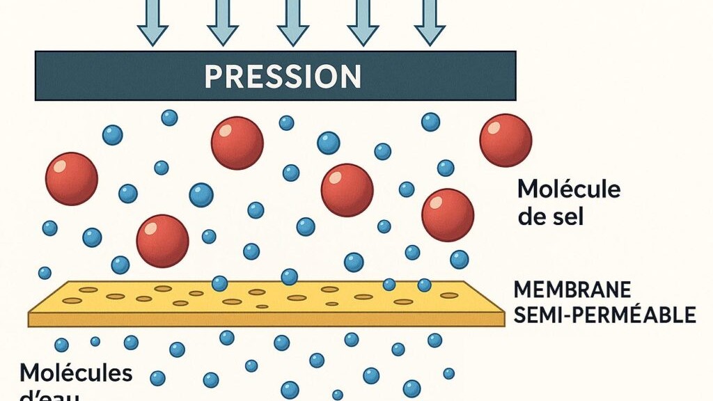 Principe de l'osmose inverse : sous pression, l'eau traverse une membrane semi-perméable qui retient les sels dissous