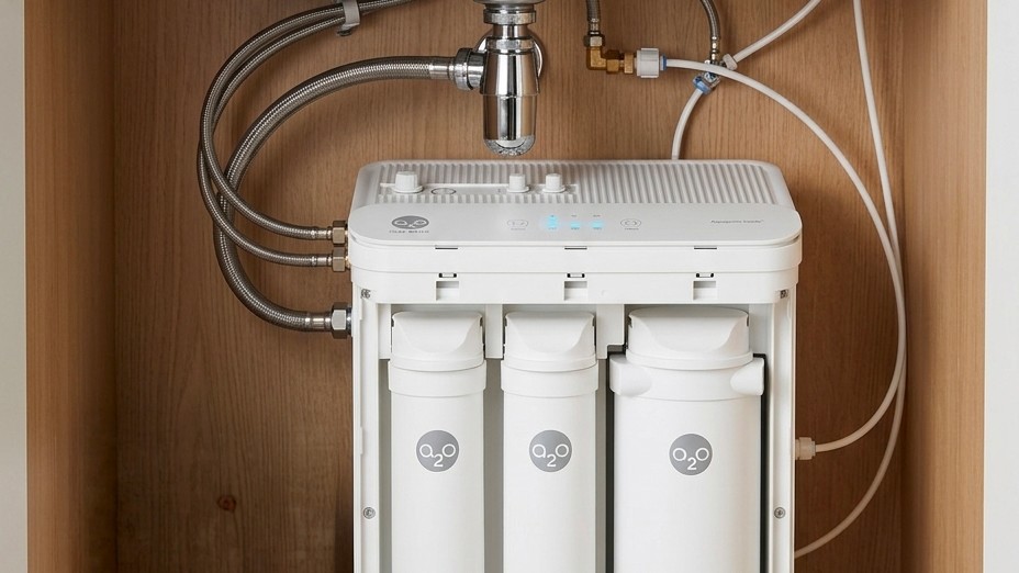 Osmoseur A2O Pure installé sous un lavabo, design compact