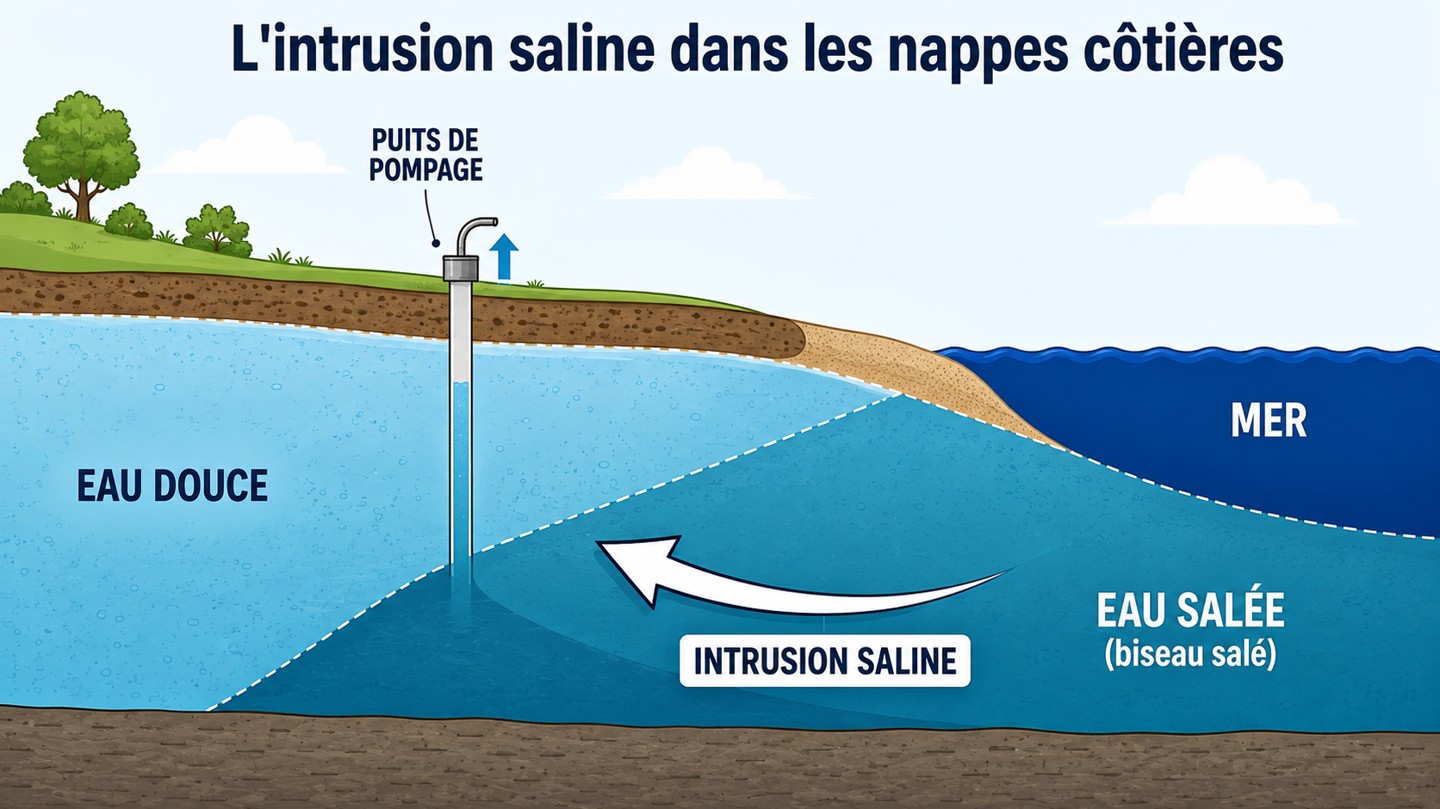 Schéma de l'intrusion saline : le biseau salé remonte dans la nappe côtière surexploitée