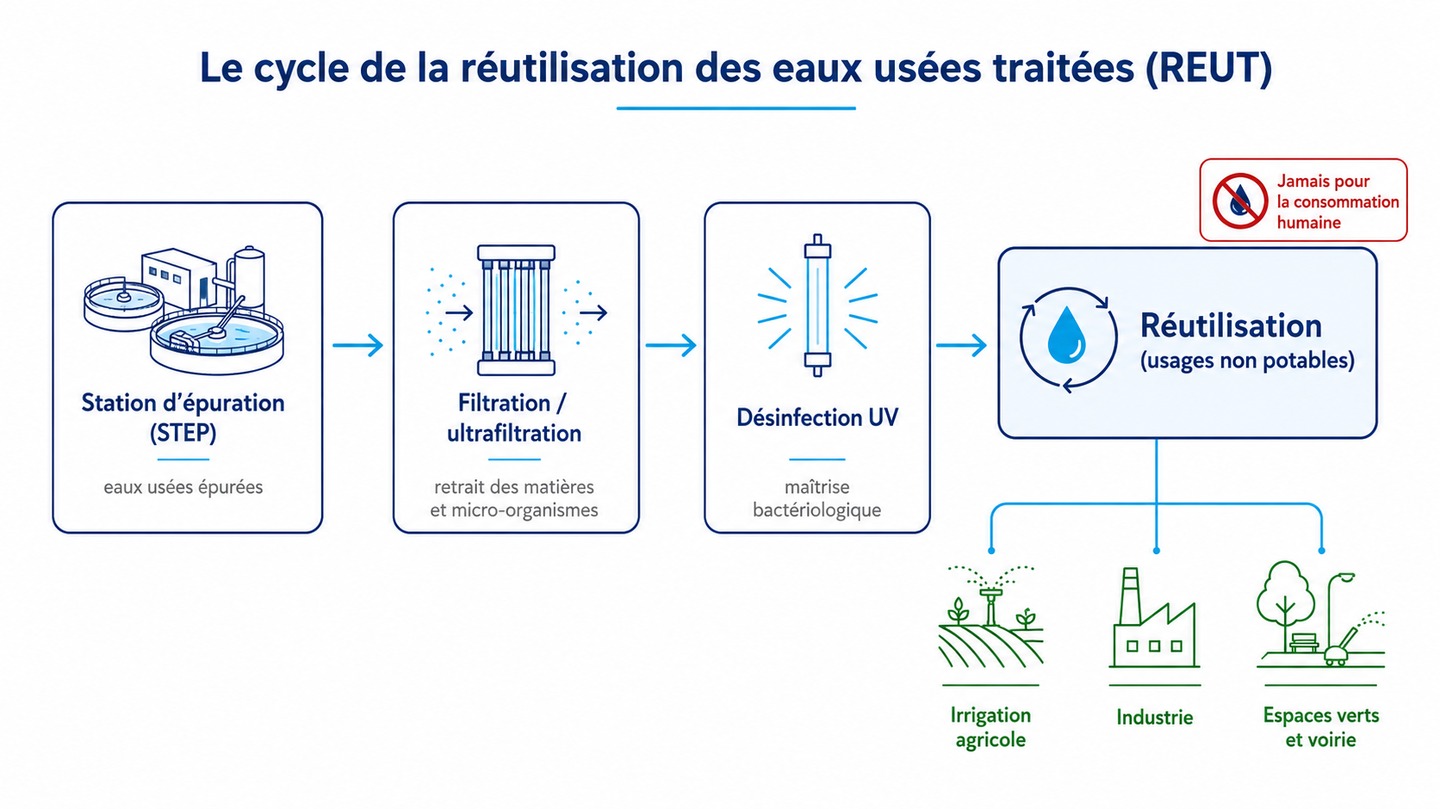 Schéma du cycle de la réutilisation des eaux usées traitées : station d'épuration, filtration/ultrafiltration, désinfection UV, puis réutilisation pour l'irrigation, l'industrie et les espaces verts — jamais pour la consommation humaine