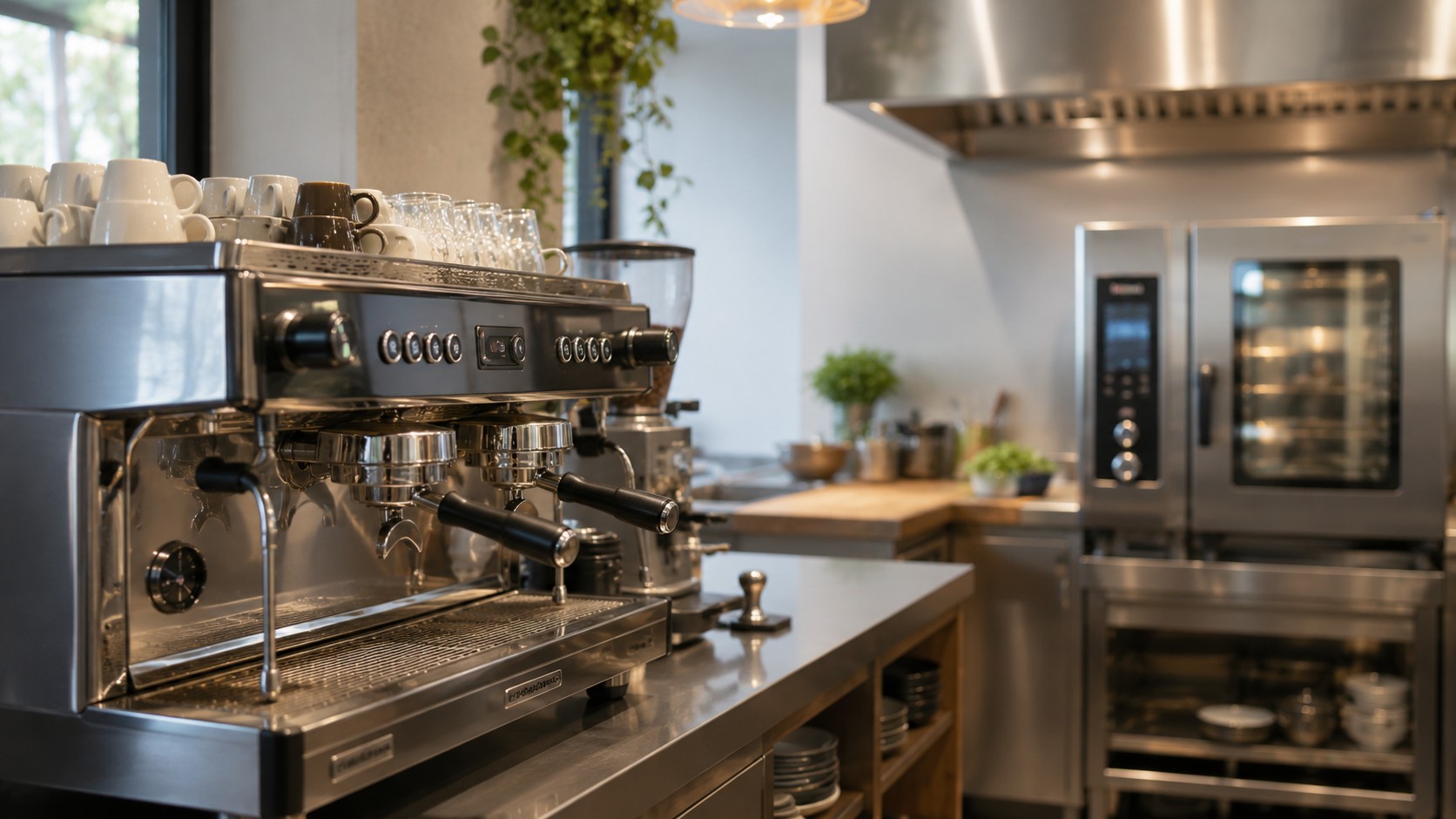 Cuisine professionnelle avec machine à expresso et four mixte en inox