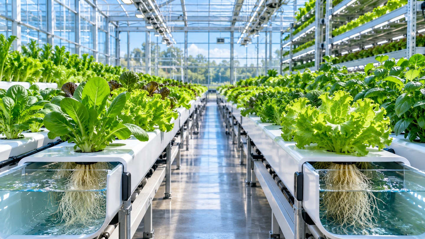 Ferme hydroponique moderne : rangées de salades poussant hors-sol dans des canaux NFT