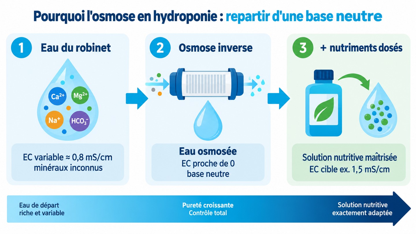 Schéma : repartir d'une eau osmosée à EC nulle pour construire une solution nutritive maîtrisée