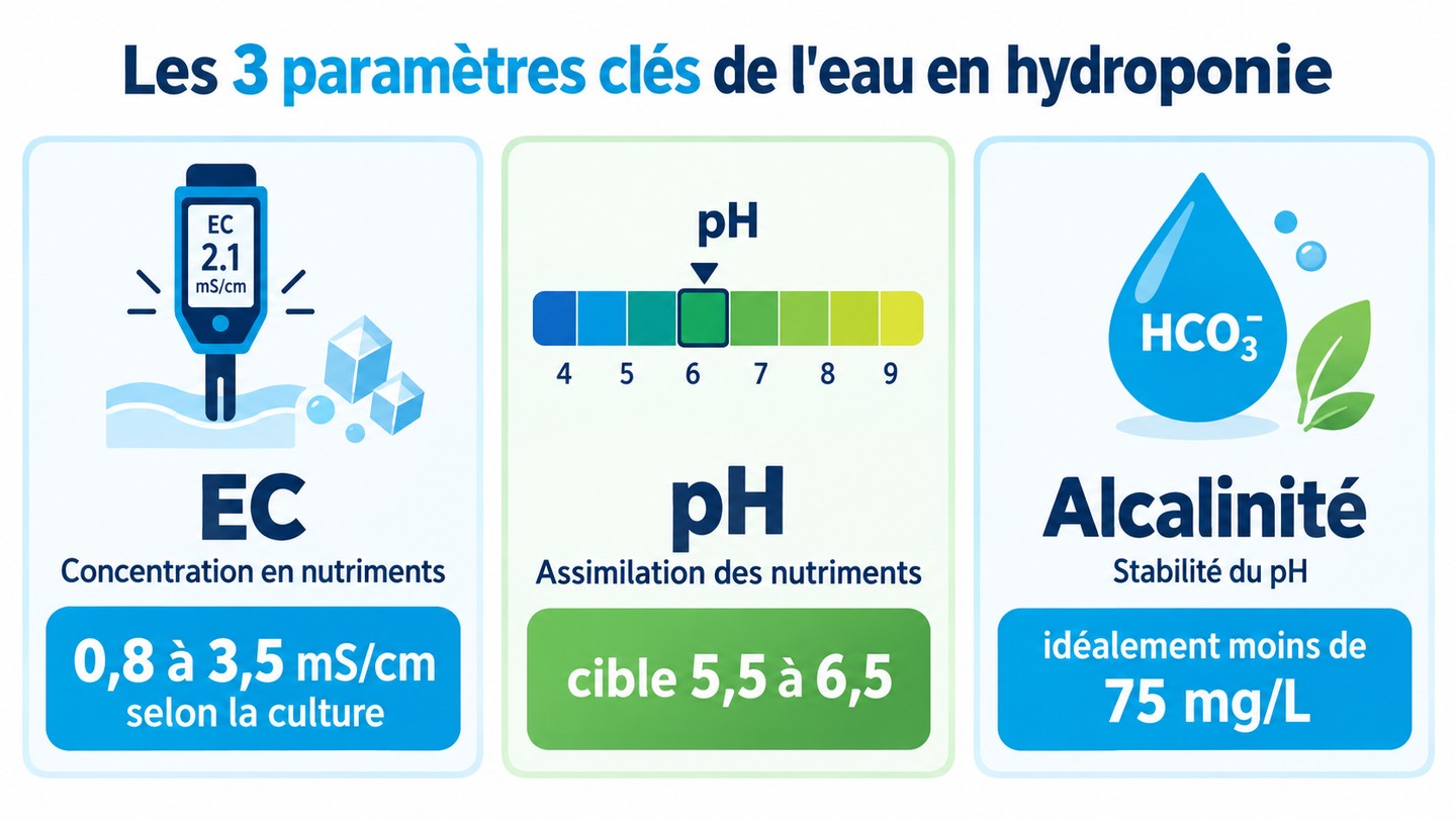 Infographie des 3 paramètres clés de l'eau en hydroponie : EC, pH et alcalinité, avec leurs plages cibles