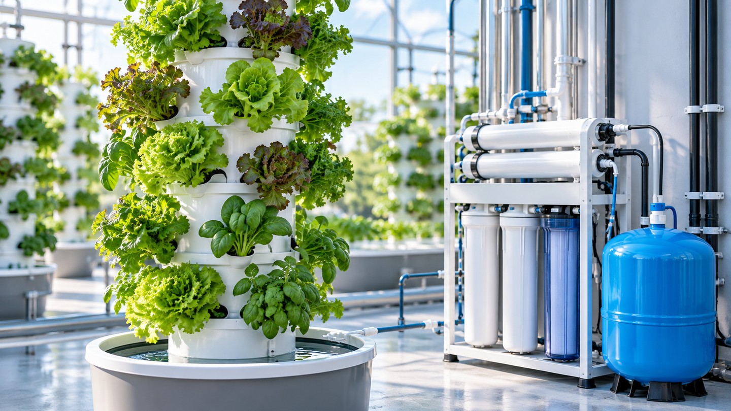 Tour hydroponique verticale garnie de salades, alimentée par un osmoseur