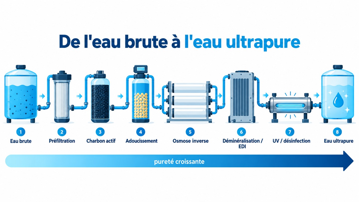 Schéma de la chaîne de traitement industrielle : de l'eau brute à l'eau ultrapure (préfiltration, adoucissement, osmose, déminéralisation, désinfection)