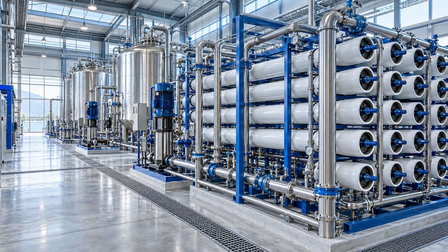 Installation industrielle moderne de traitement de l'eau (osmose inverse, cuves, tuyauteries)