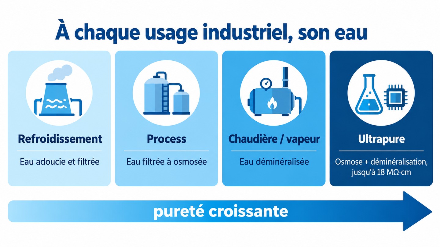 Infographie des types d'eau industriels selon l'usage : refroidissement, process, chaudière, eau ultrapure