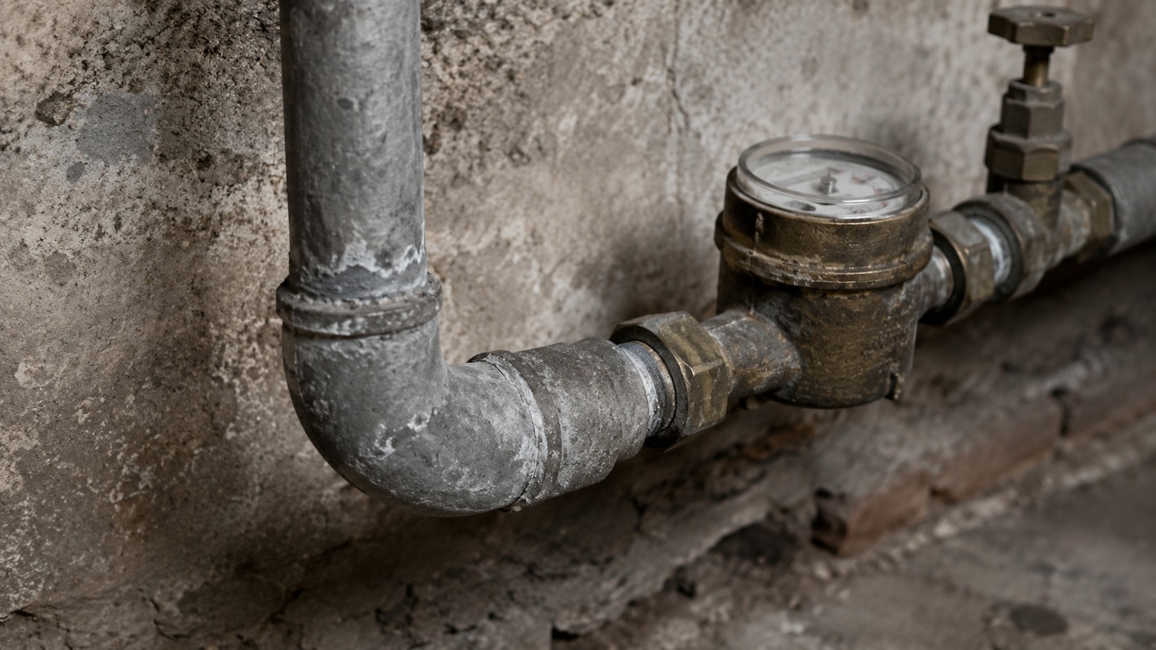 Ancien branchement d'eau en plomb gris dans le sous-sol d'un immeuble ancien, raccordé à un compteur