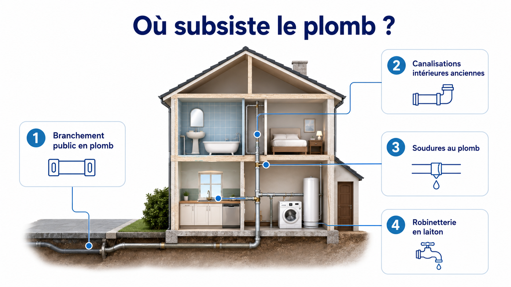 Schéma des sources de plomb dans une habitation : branchement public, canalisations intérieures, soudures, robinetterie en laiton