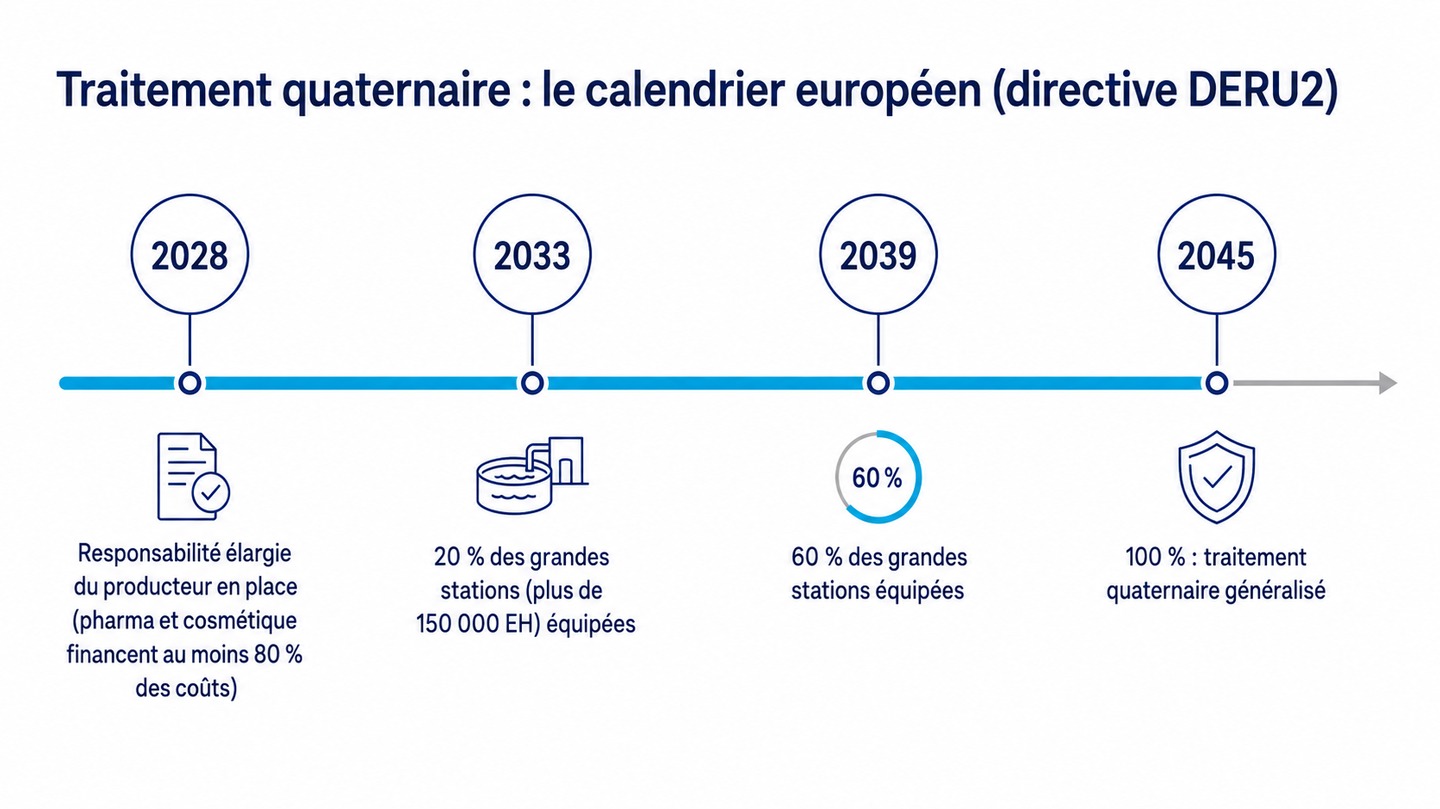 Frise chronologique du calendrier européen du traitement quaternaire (directive DERU2) : responsabilité élargie du producteur en 2028, puis 20 % des grandes stations équipées en 2033, 60 % en 2039 et 100 % en 2045