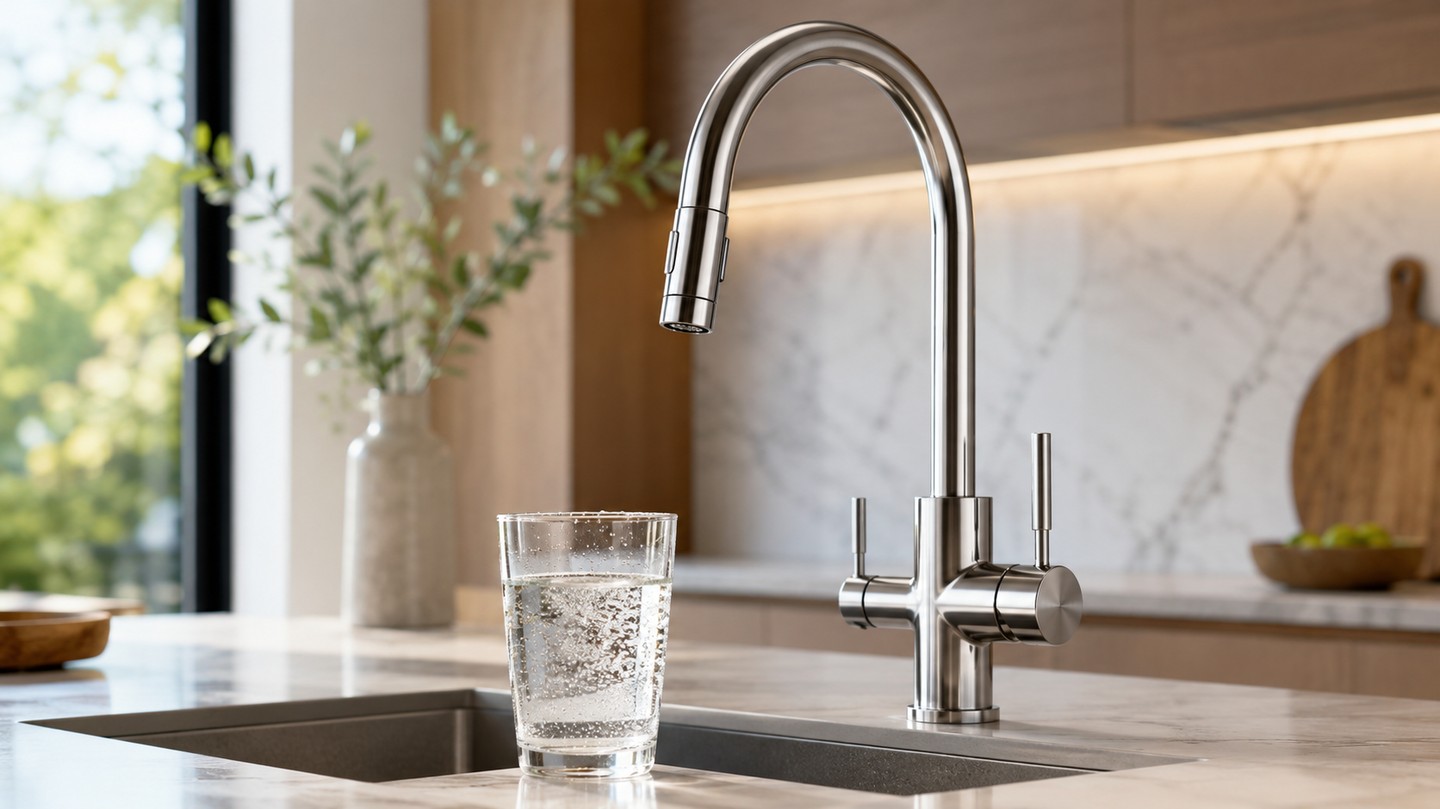 Verre d'eau limpide sur un plan de travail de cuisine moderne, devant un robinet 3 voies à eau filtrée