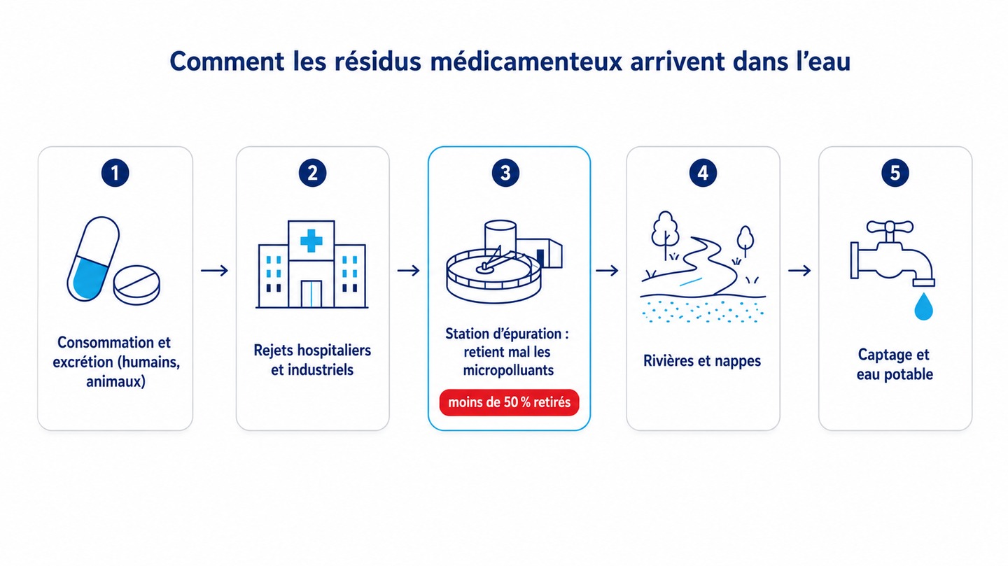 Schéma du parcours des résidus médicamenteux : consommation et excrétion, rejets hospitaliers, station d'épuration qui retient mal les micropolluants, rivières et nappes, puis captage d'eau potable