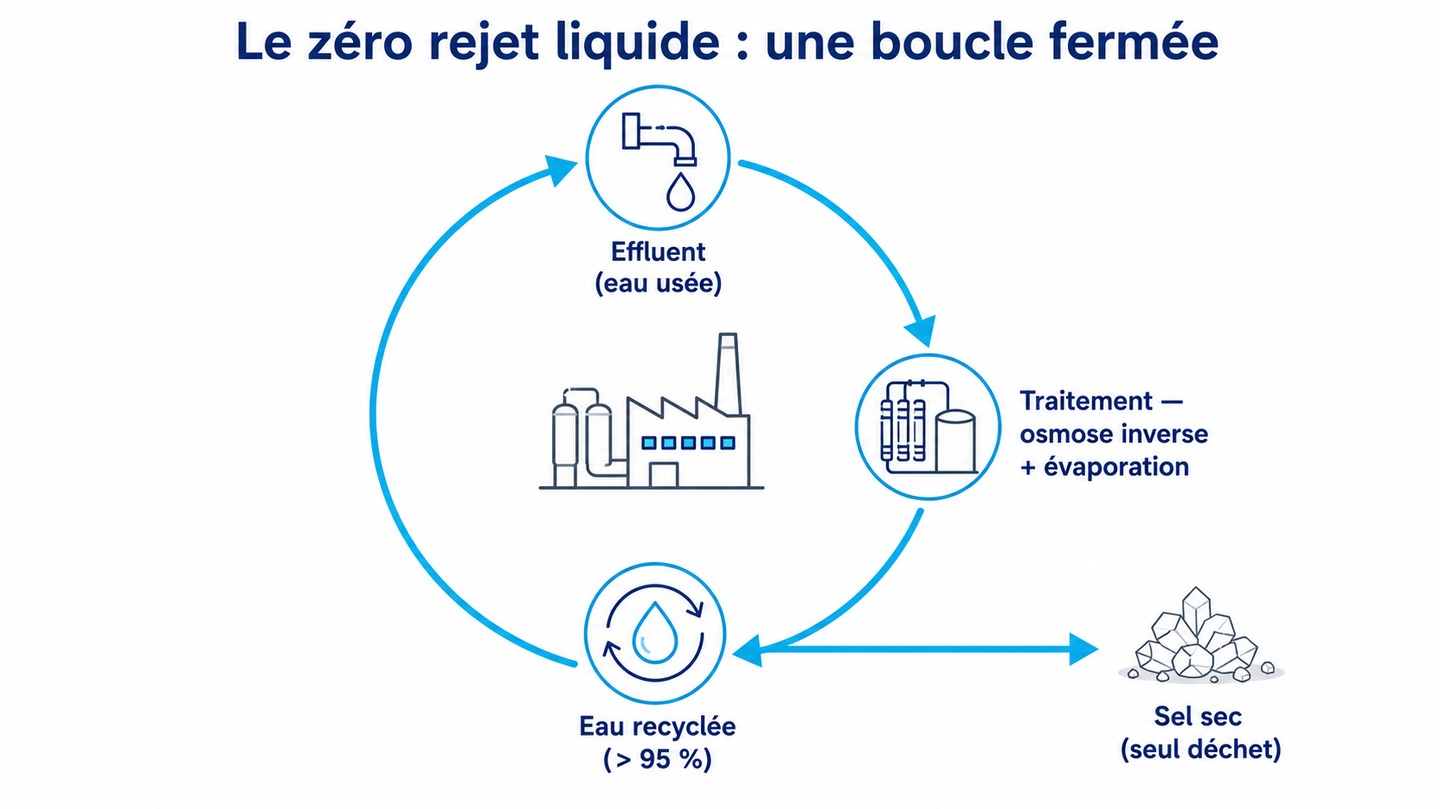 Schéma en boucle fermée du zéro rejet liquide : l'effluent est traité, l'eau recyclée (plus de 95 %) repart dans le cycle et le seul déchet est du sel sec