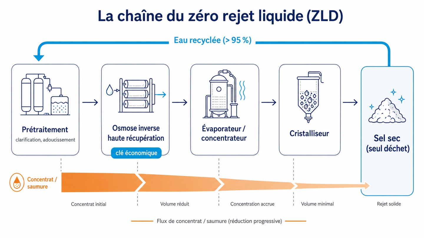 Schéma de la chaîne du zéro rejet liquide : prétraitement, osmose inverse haute récupération, évaporateur/concentrateur, cristalliseur, avec l'eau recyclée qui repart en boucle et le concentrat réduit jusqu'au sel sec