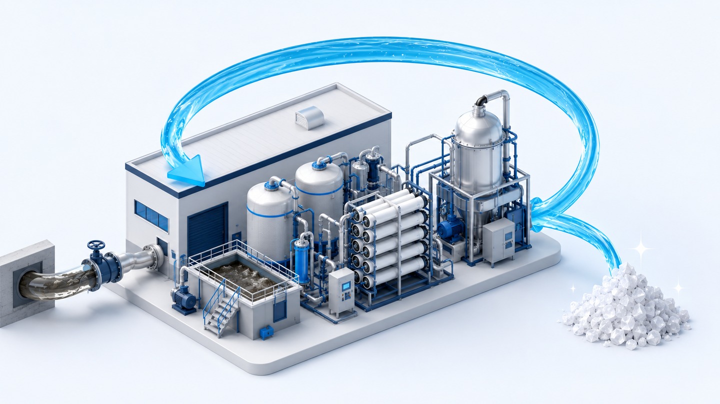 Usine de traitement d'eau en zéro rejet liquide : effluent entrant, osmose inverse et évaporateur, eau recyclée en boucle fermée et sel sec comme unique résidu