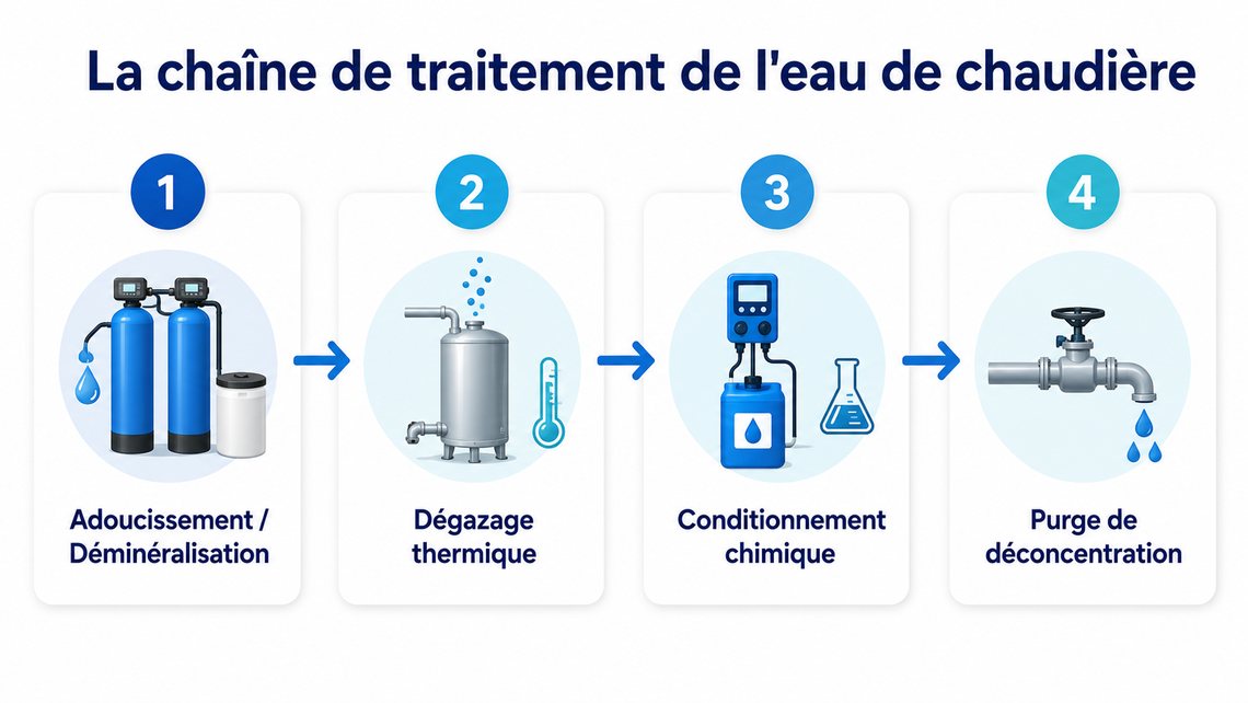 Infographie : la chaîne de traitement de l'eau de chaudière en 4 étapes, adoucissement/déminéralisation, dégazage thermique, conditionnement chimique, purge de déconcentration