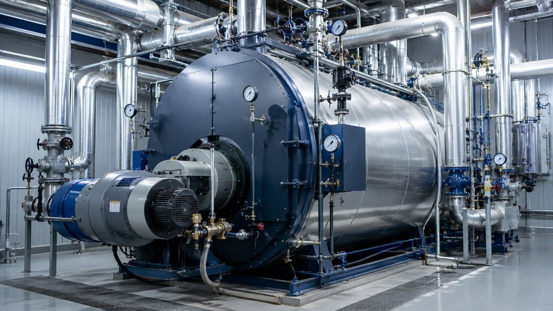 Chaufferie industrielle avec chaudière à vapeur, tuyauteries calorifugées et instrumentation