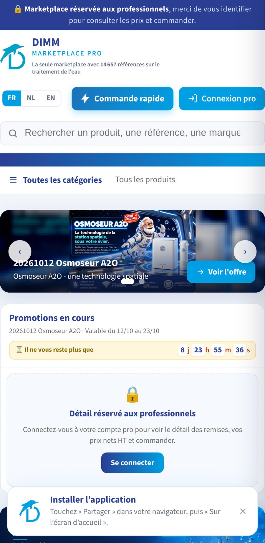 La MarketPlace sur un téléphone, avec le bandeau Installer l'application