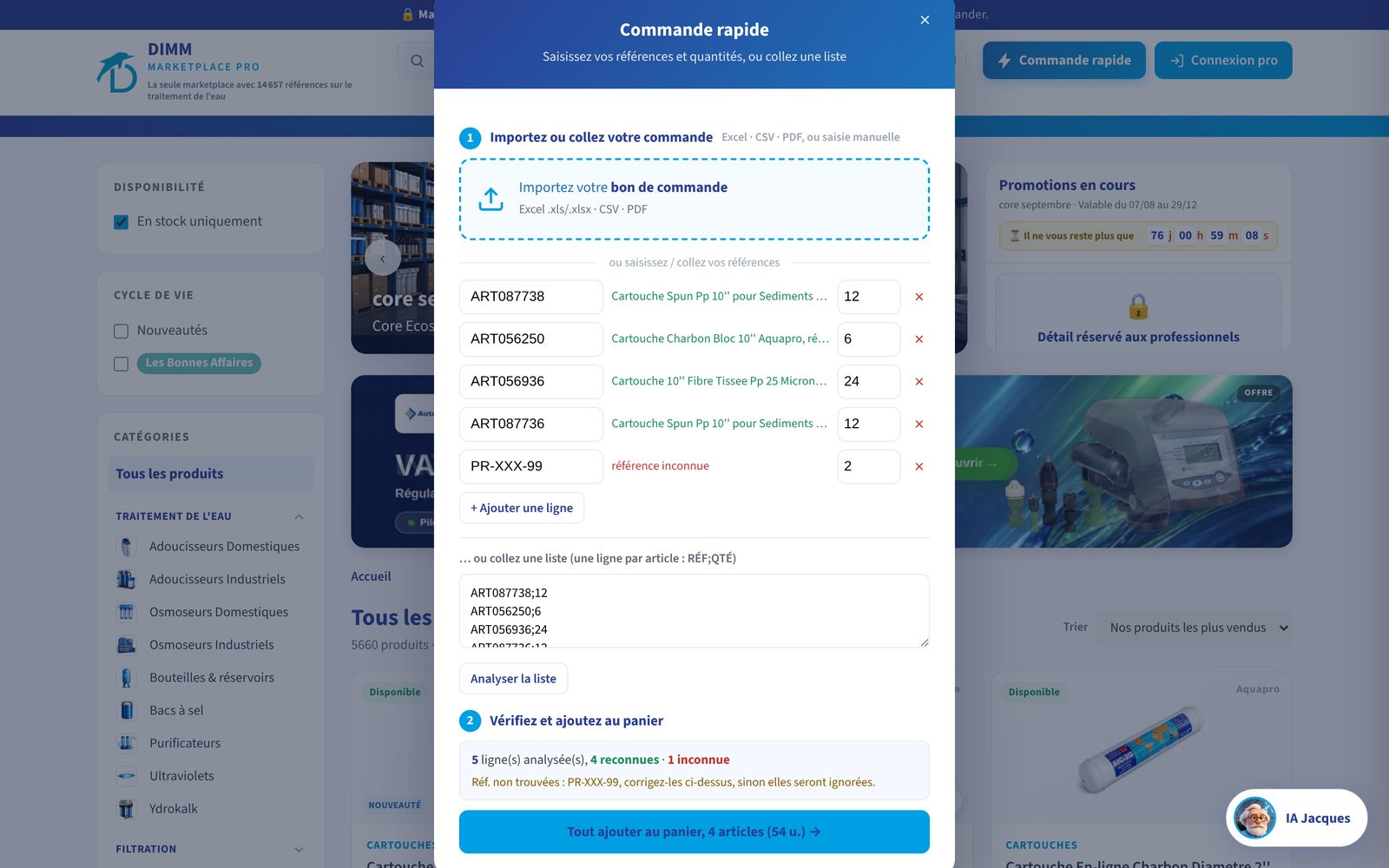La fenêtre Commande rapide ouverte sur la MarketPlace Pro DIMM