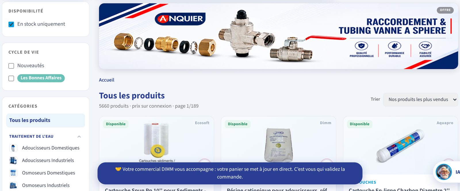 Côté client, la bulle Votre commercial DIMM vous accompagne : votre panier se met à jour en direct