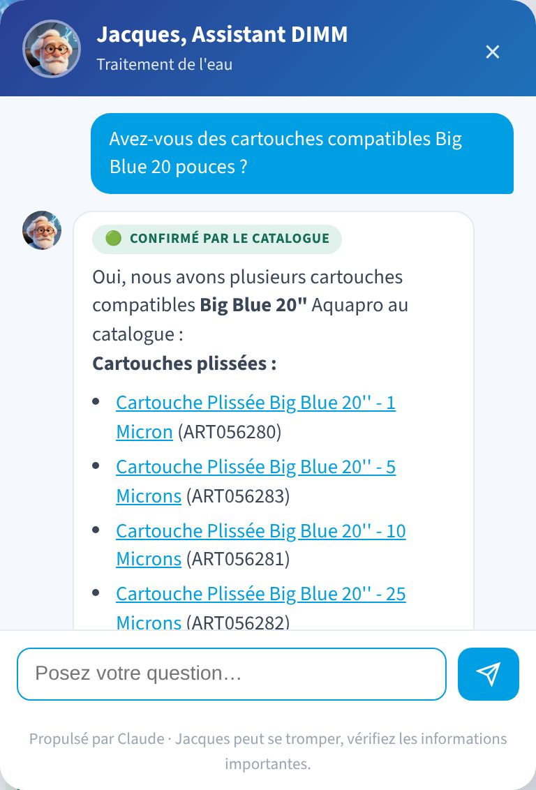 La pastille « Confirmé par le catalogue » en tête de réponse, les références cliquables, et le rappel en pied de fenêtre