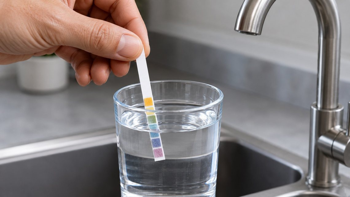 Main tenant une bandelette de test de dureté (TH) trempée dans un verre d'eau au robinet