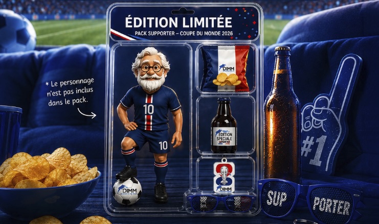 Pack Supporter DIMM édition limitée Coupe du Monde 2026 : drapeau, chips, bière édition spéciale, écharpe SUP-PORTER, main en mousse