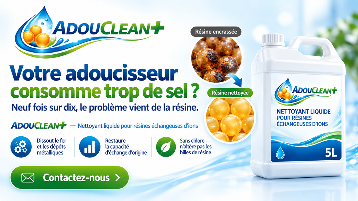 AdouClean+ : nettoyant liquide pour résines échangeuses d'ions. Dissout le fer et les dépôts métalliques, restaure la capacité d'échange, sans chlore.