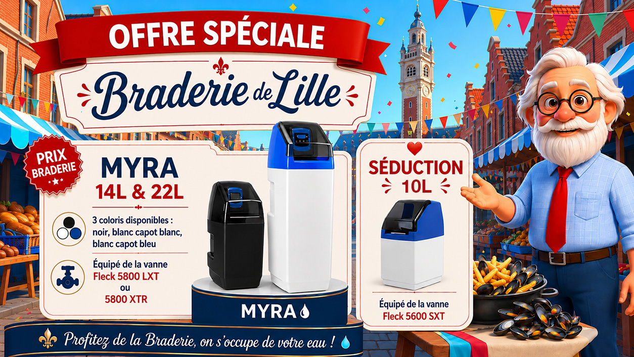 Offre spéciale Braderie de Lille : adoucisseurs MYRA 14/22 L (vanne Fleck 5800 LXT/XTR) et Séduction 10 L (Fleck 5600 SXT)