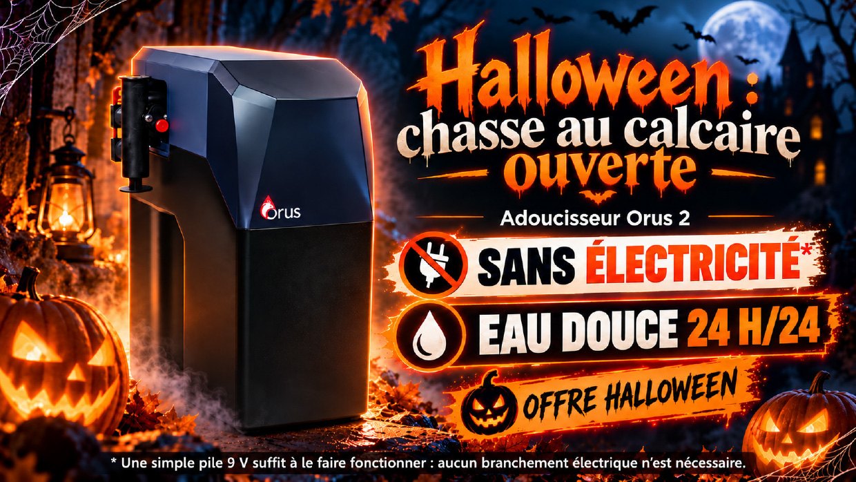 Halloween : chasse au calcaire ouverte. Adoucisseur Orus 2 sans électricité (une simple pile 9 V suffit), eau douce 24 h/24, offre Halloween jusqu'au 6 novembre