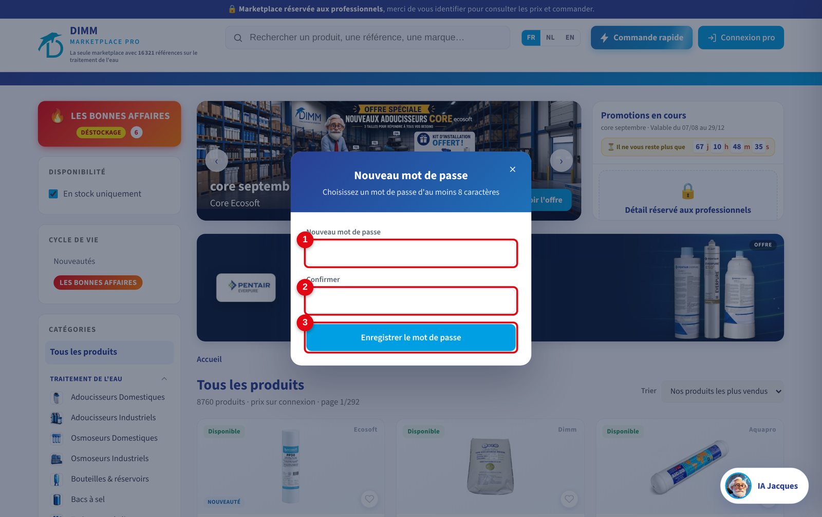 Le choix du nouveau mot de passe, depuis le lien reçu par e-mail